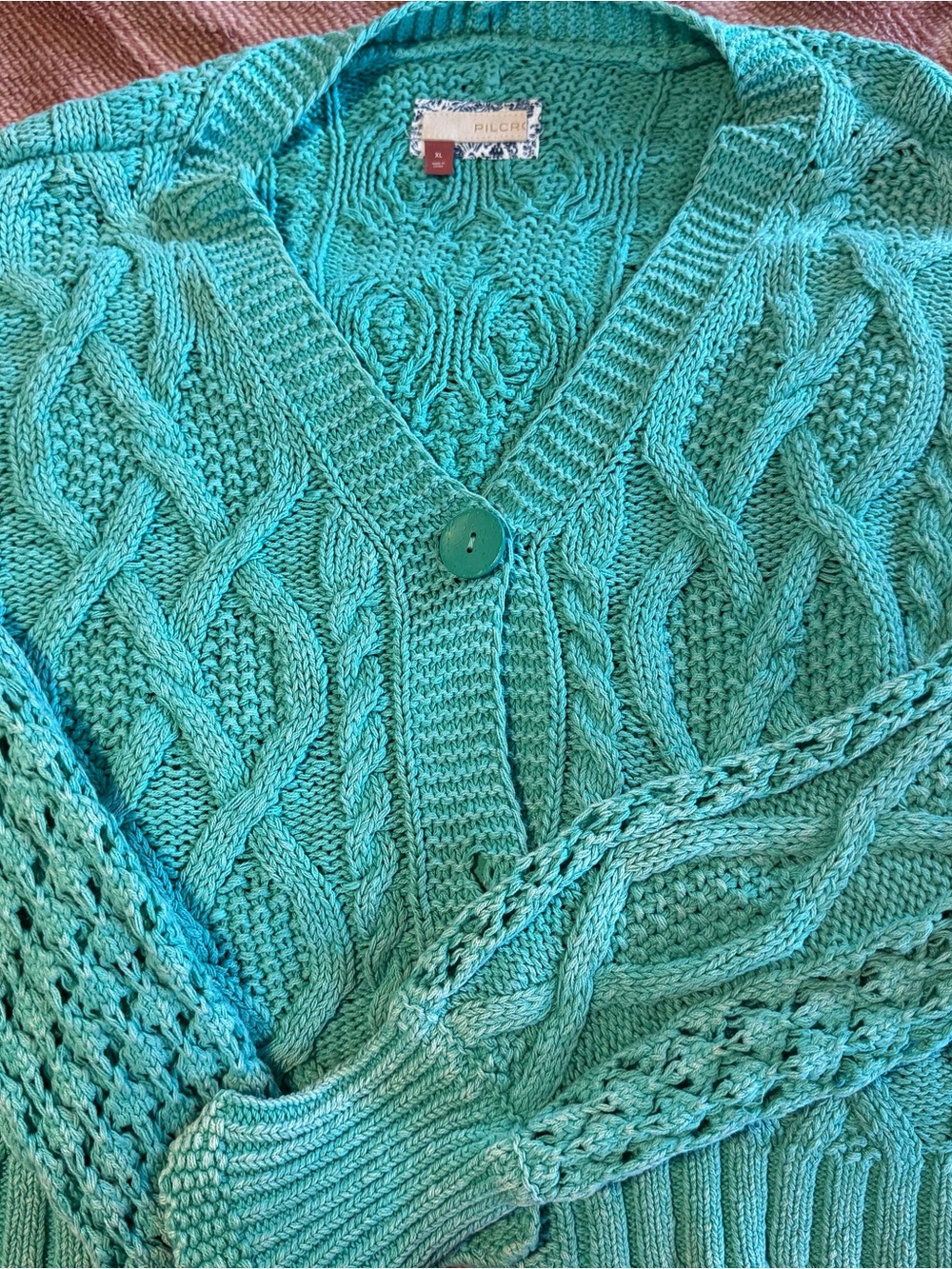 Pilcro Teal Cable-Knit V-Neck Cropped Cardigan